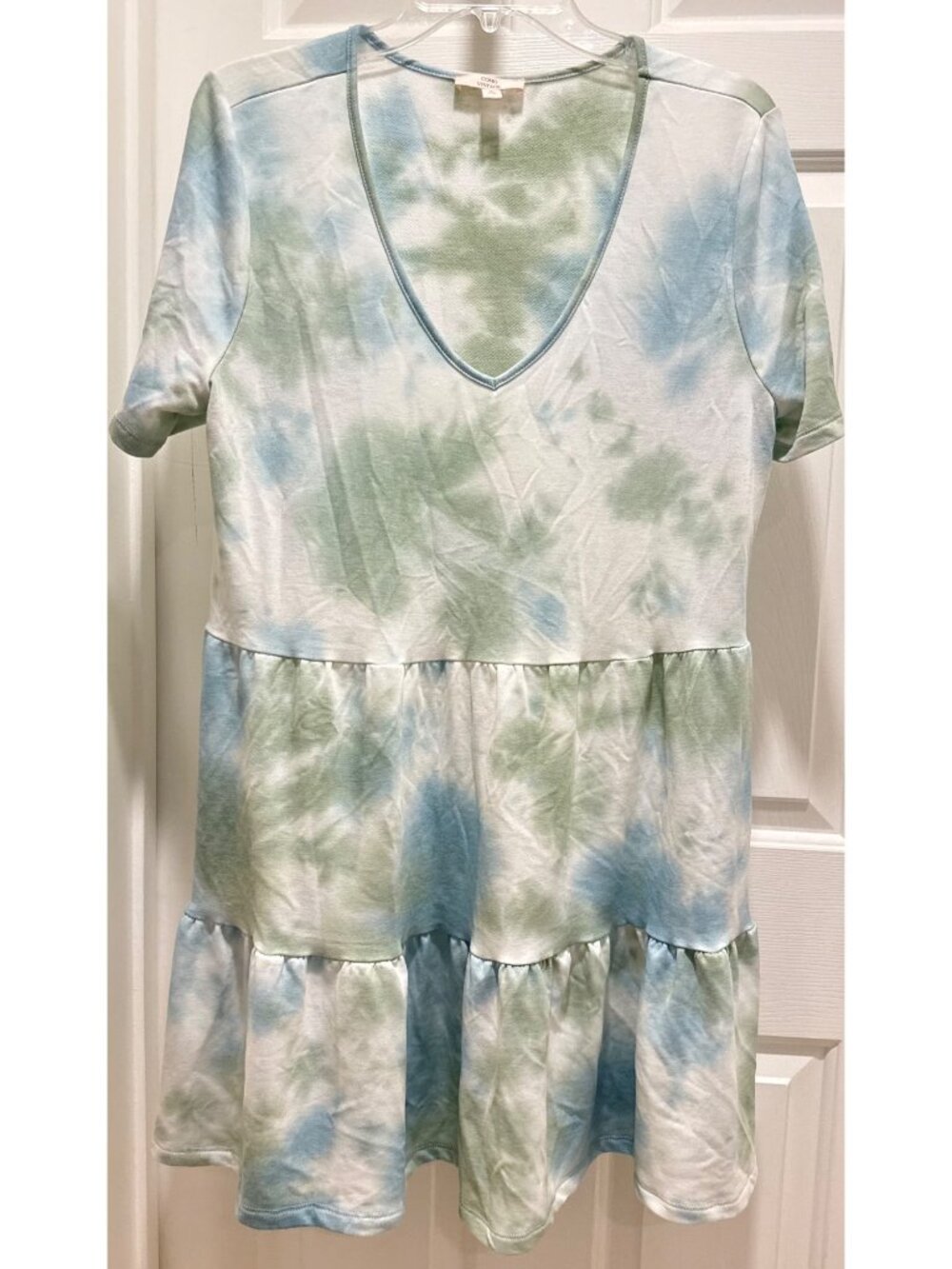 Como Vintage women’s L Large green blue white tie dye tiered dress V-neck